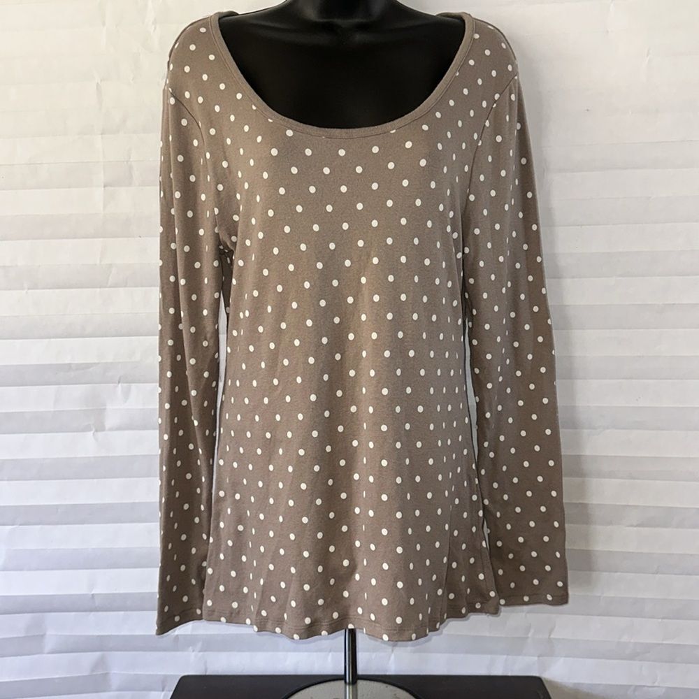 Old Navy Women's Light Taupe White Polka Dot Blouse Long Sleeve Scoop Neck